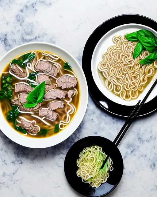 Prompt: realistic photo of delicious pho, ramen, bowl, white kitchen table, cloth, thai basil, highly detailed, by marc haydon, kailee mandel, masterpiece, award winning, food photography