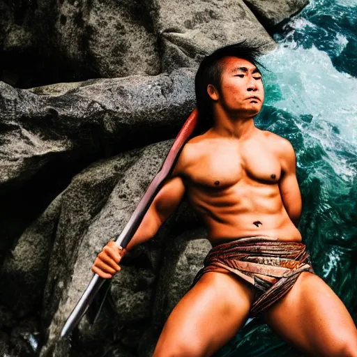 Prompt: a pacific islander warrior on a canoue, 4 k, hyper realistic, dslr, high resolution, landscape, beautiful