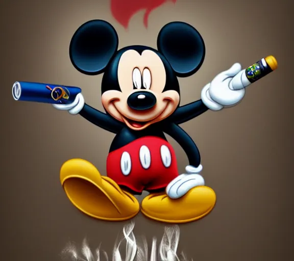Image similar to Mickey Mouse smoking a joint in his apartment, stoned eyes, smoke, bongs on the table, highly detailed, amazing digital art, trending on artstation