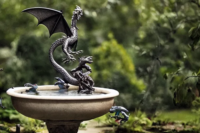 Image similar to cinematography baby dragon in a bird fountain by Emmanuel Lubezki