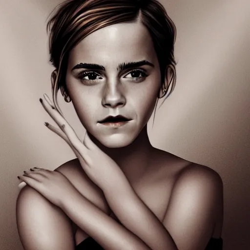 Image similar to emma watson with one hand in her hair, playing with her curls, hyperrealistic, artgerm