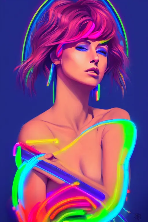 Image similar to a award winning portrait of a beautiful woman with stunning eyes in a one off shoulder croptop and cargo pants with rainbow colored hair, outlined by whirling illuminated neon lines and fine lines swirling in circles by rhads, digital art, trending on artstation