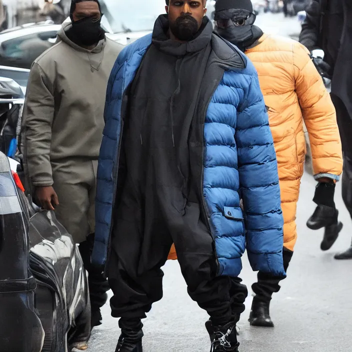 Image similar to kanye west using a full face covering black mask, a small bright blue round puffer jacket made of nylon and big black rubber boots,