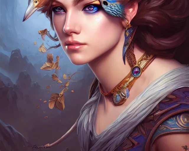 Image similar to eye makeup inspired by a kingfisher, deep focus, d & d, fantasy, intricate, elegant, highly detailed, digital painting, artstation, concept art, matte, sharp focus, illustration, hearthstone, art by artgerm and greg rutkowski and alphonse mucha