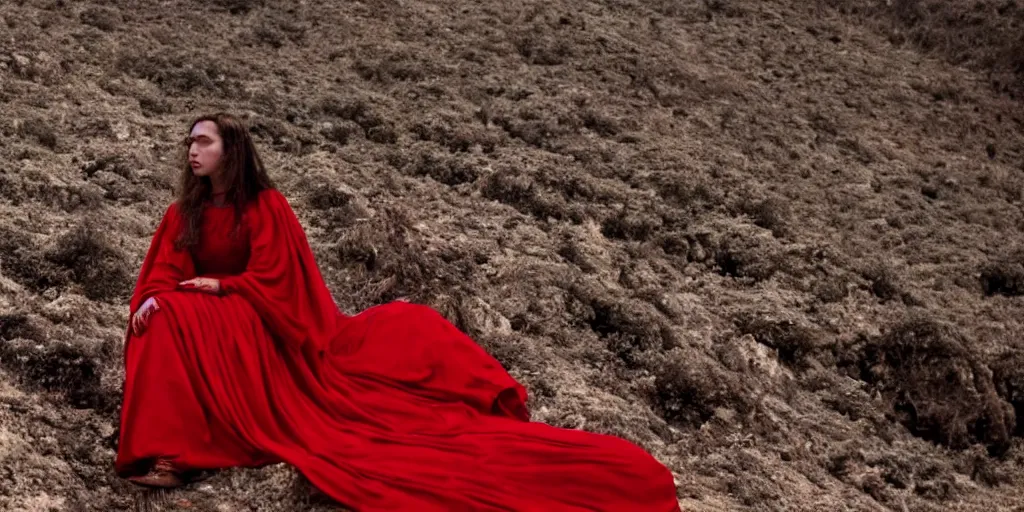 Image similar to film still of closeup a woman sitting on a throne in red long dress on the mountain of dead knights. by emmanuel lubezki