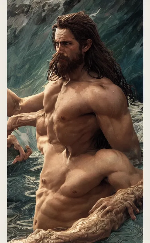 Image similar to the god of the lake, 30 years old, rugged, long hair, male, gorgeous, detailed face, amazing, thighs!!!!!!, muscular, intricate, highly detailed, digital painting, artstation, concept art, sharp focus, illustration, art by greg rutkowski and alphonse mucha