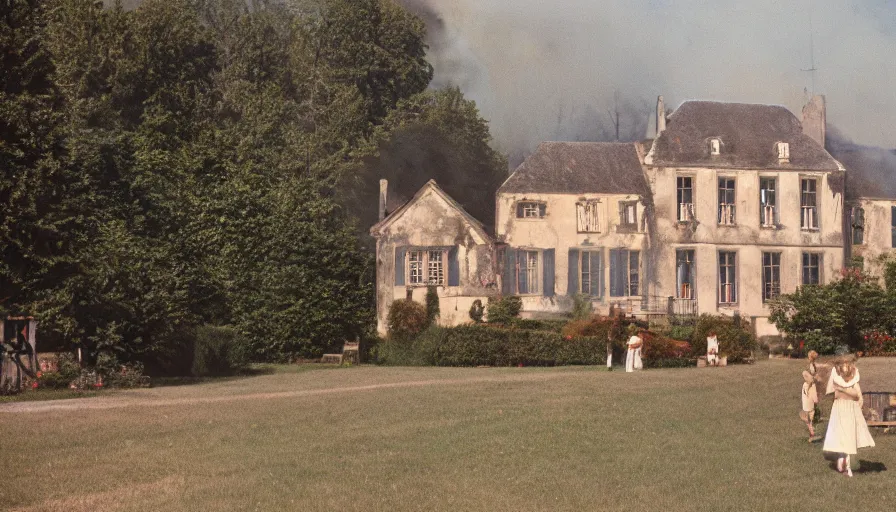 Image similar to 1 9 7 0 s movie still of a heavy burning french style manor in a small french village, cinestill 8 0 0 t 3 5 mm, heavy grain, high quality, high detail, dramatic light, anamorphic, flares