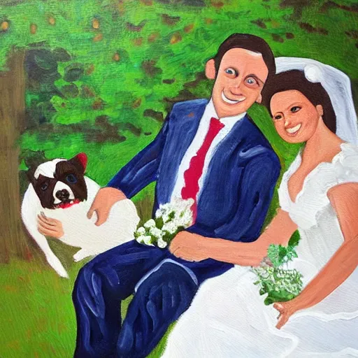 Image similar to a painting of a couple that has just been married, with their little dog beside them on a beautiful sunny day