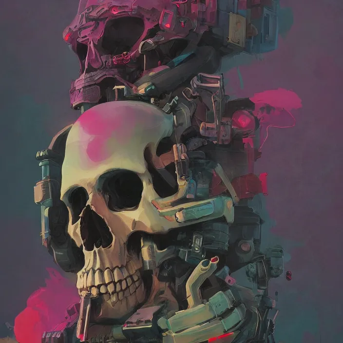 Image similar to a colorful comic noir illustration painting of a cyberpunk skull by sachin teng and sergey kolesov and ruan jia and pascal blanche. in style of digital art, symmetry, sci fi, hyper detailed. octane render. trending on artstation