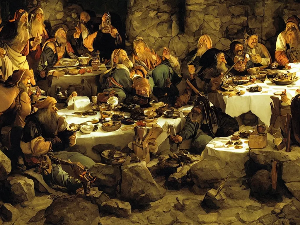 Image similar to dwarves having a feast in moria, ferns. painting by georges de la tour