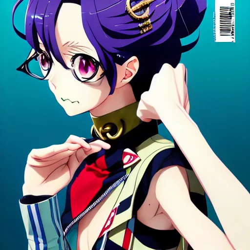 Image similar to Magazine Cover Anime key visual of a Gucci girl; official media; typography; drawn by Hirohiko Araki; Jojo's Bizarre Adventure; Jojolion, portrait, made by Stanley Artgerm Lau, WLOP, Rossdraws, James Jean, Andrei Riabovitchev, Marc Simonetti, Yoshitaka Amano, ArtStation