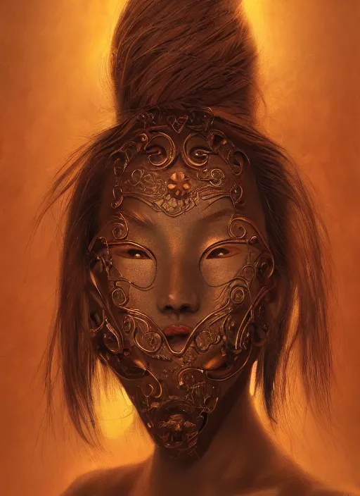 Image similar to a beautiful detailed oil on copper art illustration of a japanese shityome mask woman, the mask is broken, centered, by charlie bowater, zeng fanzh, trending on artstation, dim dusk lighting, cinematic lighting, detailed lighting, volumetric lighting, realistic, f 8, 4 k hd wallpaper