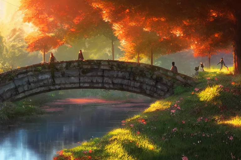 Prompt: Florid stone bridge overgrown, radiant morning light, scenic art by makoto shinkai and alena aenami