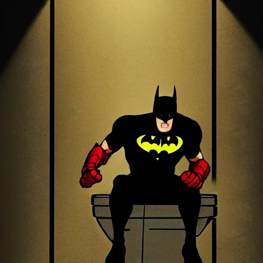 Prompt: low - angle shot from the ground of batman sitting on a toilet with pants down, dirty wall tiles, claustrophobic room, hyper - realistic comic digital art by frank miller, dramatic lights, realistic, very very detailed, 4 k, dark colours