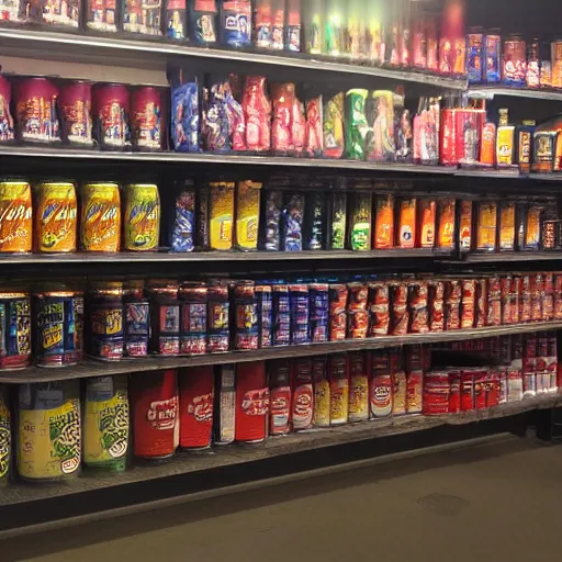 Prompt: store selling cans of nightmare fuel, stunning cinematography, light diffusion