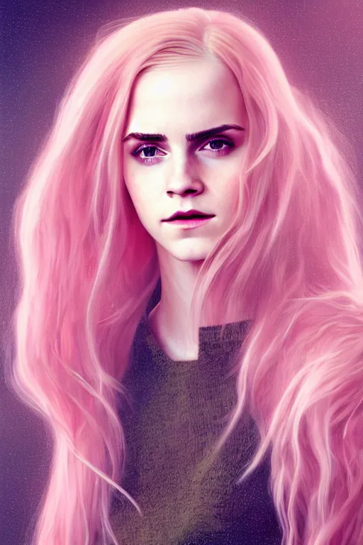 Prompt: Portrait of a beautiful pale skin Nordic female Emma Watson with long pink hair, elegant, photorealistic, highly detailed, artstation, smooth, sharp focus, gold ornaments, neon lighting, sci-fi, art by Klimt.