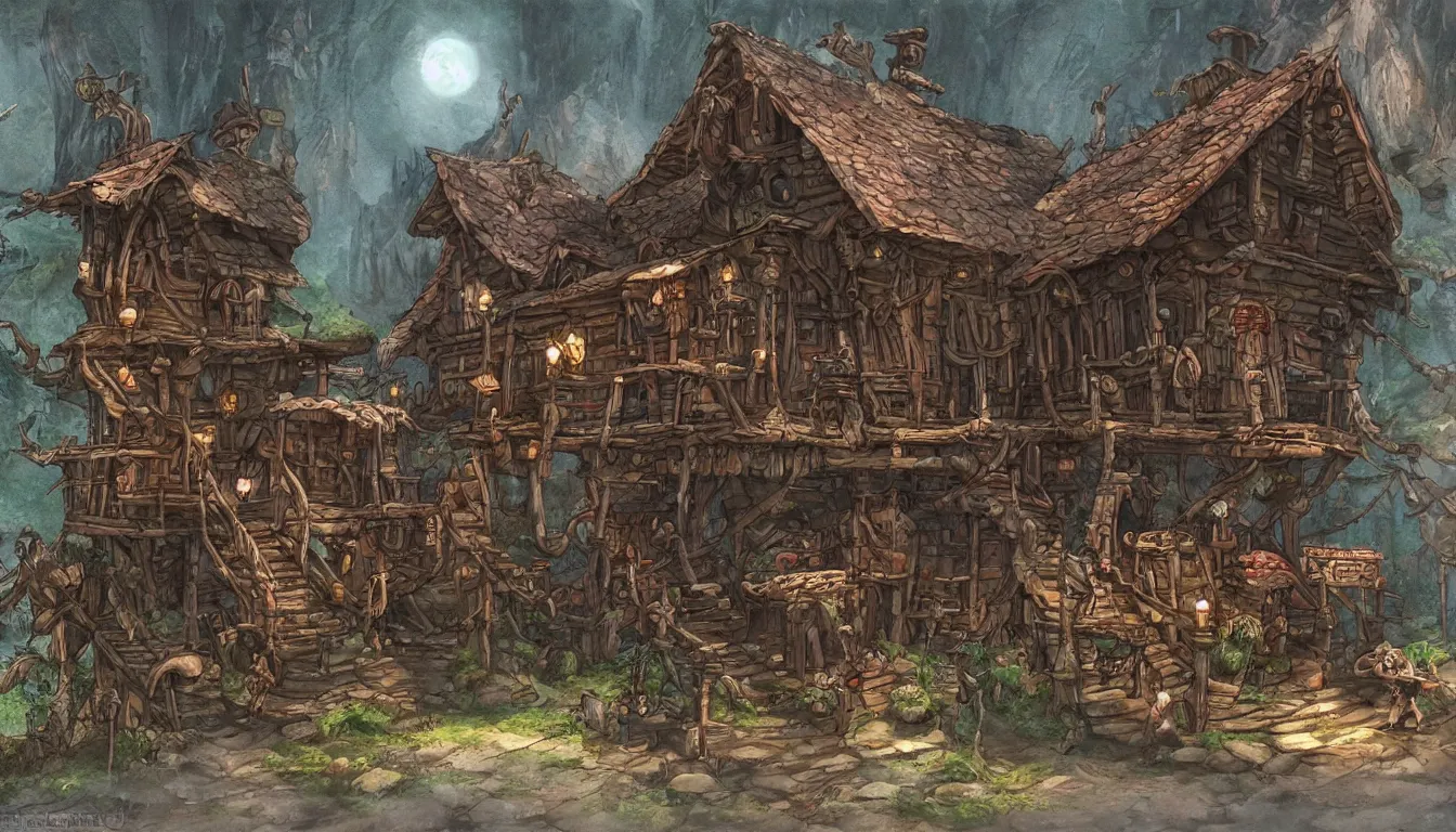 Image similar to Fantasy concept art of a sentient nomadic baba yaga tavern. Tavern walks around on stilts. No people. Stilts have claws.