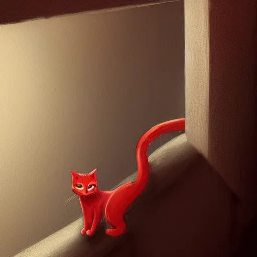 Image similar to red cat walking down the stairs, wide shot, smooth, cosy atmosphere, trending on deviantart, outdoor, daytime, long shadow, warm colors, artstation, concept art, sharp focus, illustration, masterpiece, gibli style