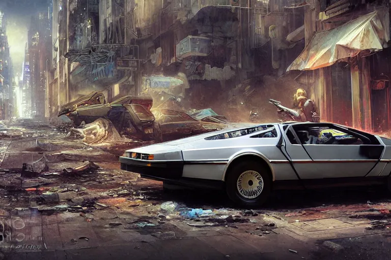 Prompt: photograph of the delorean driving down the streets of a cyberpunk abandoned city, by greg rutkowski, by stanley artgerm, by alphonse mucha