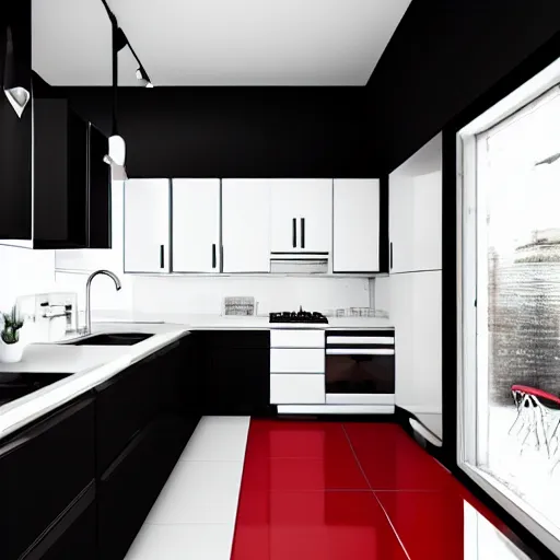 Image similar to photo of black kitchen fronts and furniture, red walls, white floor tiles, architecture, concept art