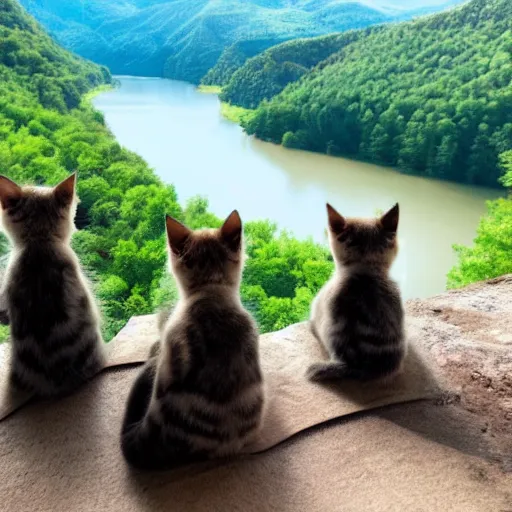 Image similar to group of kittens sitting on a chair at the top of a mountain looking out over a river in a valley