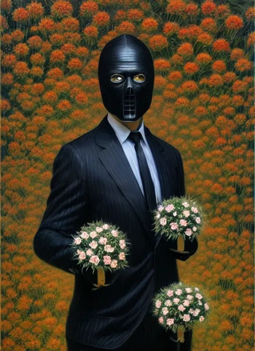 Image similar to an man in a black suit with a flowery shrub instead of a head, intricate, highly detailed, concept art, hyperrealistic, oil painting by greg staples, 8 k