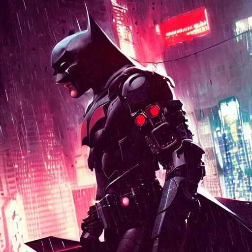 Prompt: cyberpunk batman with fullface mask, red bat logo, full shot, moody, futuristic, city background, brush strokes, oil painting, greg rutkowski