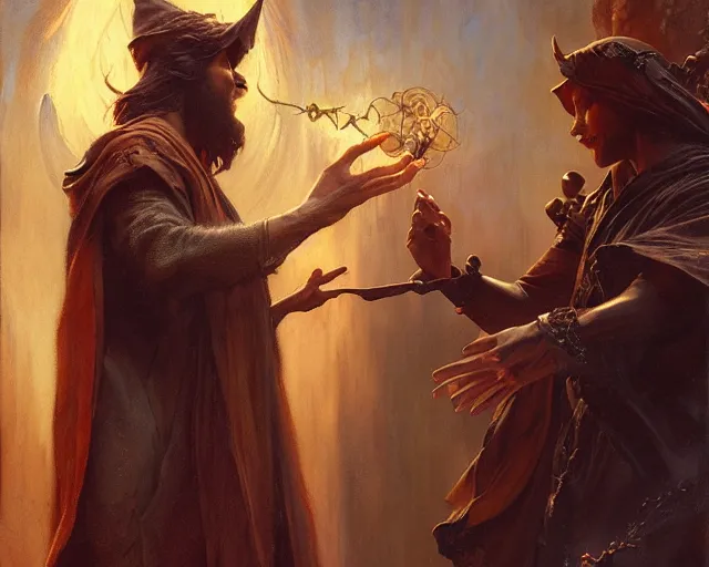 Prompt: attractive wizard man, casting dark magic, summoning a handsome demon. highly detailed painting by gaston bussiere, craig mullins, j. c. leyendecker 8 k