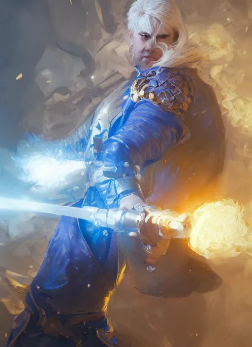 Prompt: a man in a blue suit with blond hair swinging a sword and holding a pistol, fantasy, d & d, heartstone, digital painting, volumetric light, intricate, sharp, focus, bloom, illustration, highly detailed, concept art, matte, ruan jia, randy vargas, greg rutkowski