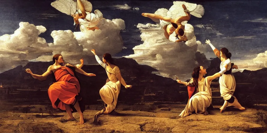 Prompt: beautiful oil matte portrait painting, people dancing among the clouds, flying in the sky, wonderful masterpiece highly detailed, beautiful cinematic light deep focus, elegant, digital painting, smooth, sharp focus, golden ratio, dramatic illumination, ultra realistic, 8 k, art by giovanni bellini and caravaggio