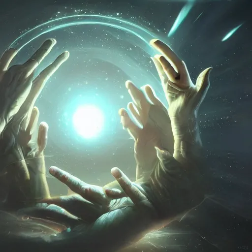 Image similar to a celestial holy hand coming from a portal down to earth, dynamic lighting, fantasy concept art, trending on art station, stunning visuals, creative, cinematic, ultra detailed, ray tracing