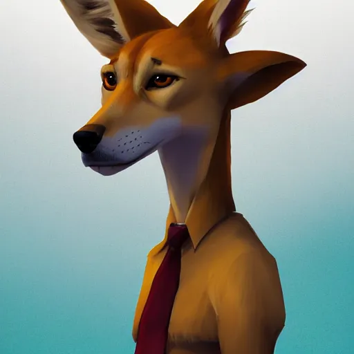 Image similar to stylized three quarters portrait concept art of the anthro anthropomorphic dingo dog head animal person fursona wearing clothes adventurer standing in australia outback, hidari, color page, tankoban, 4 k, tone mapping, akihiko yoshida, clean bright happy