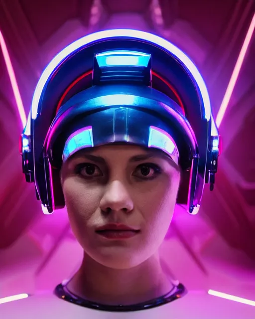 Image similar to centered medium shot fine studio photograph of a young woman wearing only a synthwave mecha Mayan helmet with bright lights, designed by Efrain Recinos, ultra-realistic, white background, 8k HDR, intricate