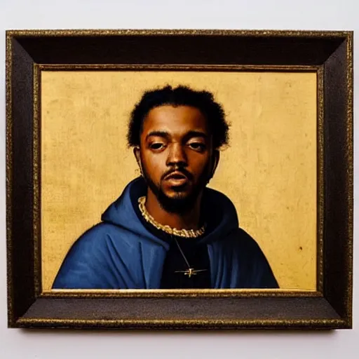 Image similar to a renaissance style portrait painting of kendrick lamar