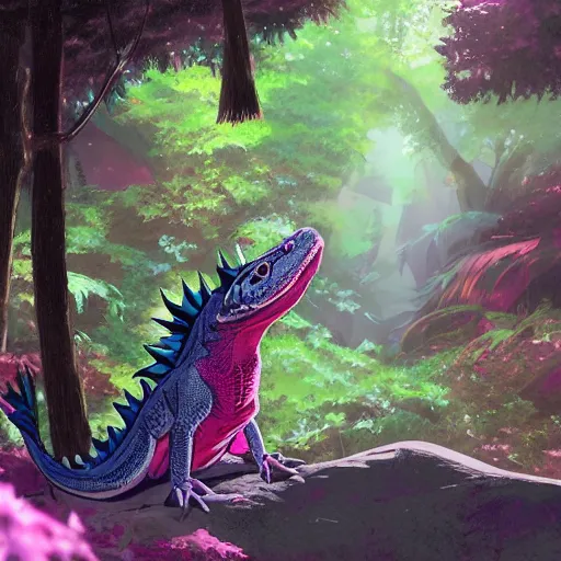 Image similar to concept art painting of an anthropomorphic anime style bearded dragon wearing magenta wizard robes, in the deep forest, realistic, detailed, cel shaded, in the style of makoto shinkai and greg rutkowski and james gurney