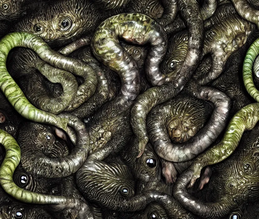 Prompt: a high resolution photo of a complex slimey creature nature forest, grown together various animal eyes, computer veins wrinkles, cracked plastic wrap, gills morph scales merged in fur skin, wrinkled muscles skin, veins merged feet head, displacement, black hole, distorted animal head face eyes arms tail