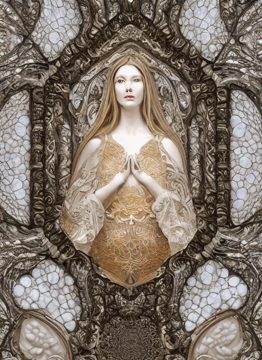 Prompt: marble sculpture of beautiful woman, mandelbulb, hypercube, ivory carving, stained glass, fractal paisley inlay, lace, intricate, elegant, highly detailed, gold inlay, metallic, ivory, artgerm, lace, by ruan jia, symmetrical features, greg rutkowski, mucha, zbrush, nick alm