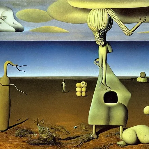 Image similar to Surreal landscape painted by Dali Max Ernst Dorothea Tanning perfect composition bizarre disturbing small people in the distance large mutant forms in the foreground
