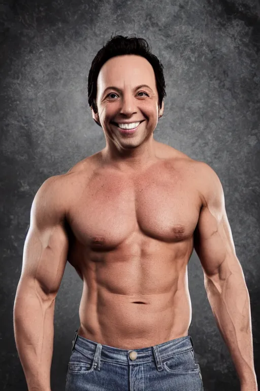 Image similar to Sam Riegel is a jacked muscle builder gigachad, grayscale photography, Critical Role, Smirk