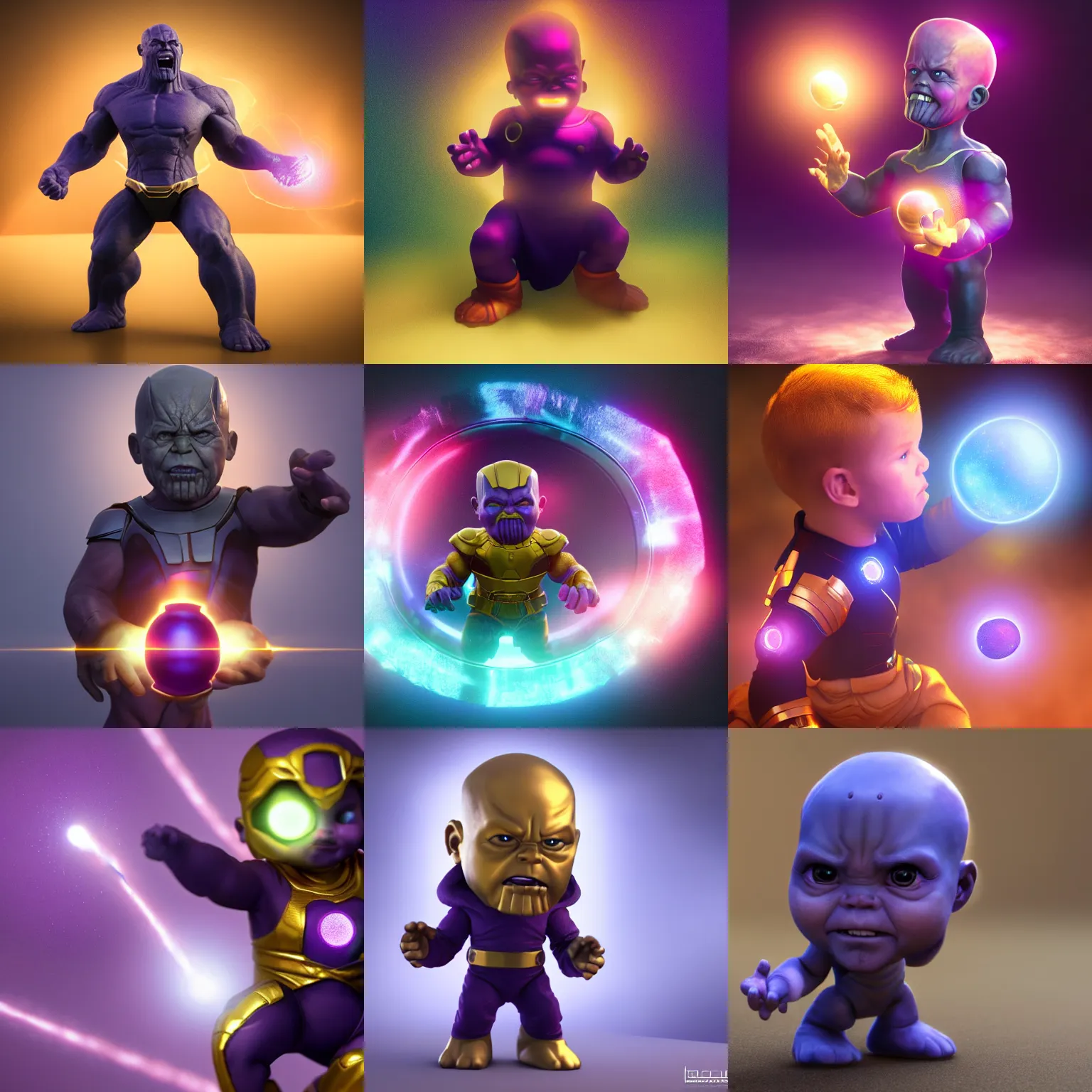 Prompt: baby thanos playing with infinity stones, realistic, volumetric light, trending on artstation