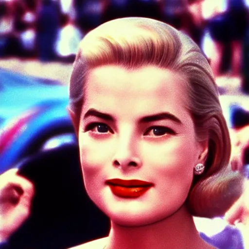 Image similar to selfie smartphone photo of a young Grace Kelly at the Monaco Gran Prix, F1 cars blurred in background, iphone photo, smartphone resolution, trending on instagram, influencer photography