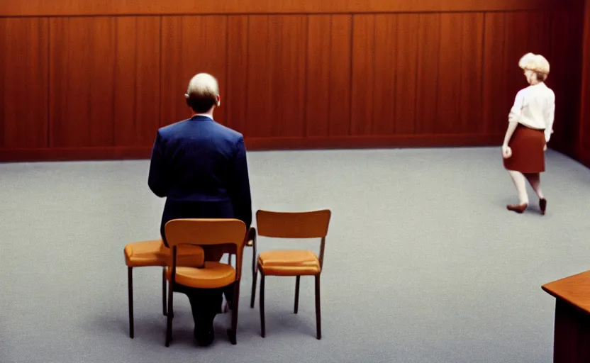 Image similar to a beautiful a man in a skirt in a courtroom, no blur, 4 k resolution, ultra detailed by william eggleston