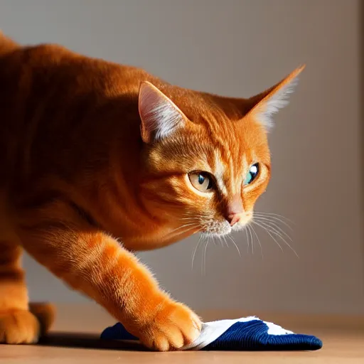 Image similar to orange tabby cat sneakily stealing a sock, realistic