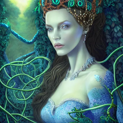 Image similar to detailed portrait of the queen of snakes, realism, pale blue, emerald, sapphire, wearing a crown of vines, nest of vipers, moonlit, dark fantasy, dramatic lighting, cgsociety, artstation