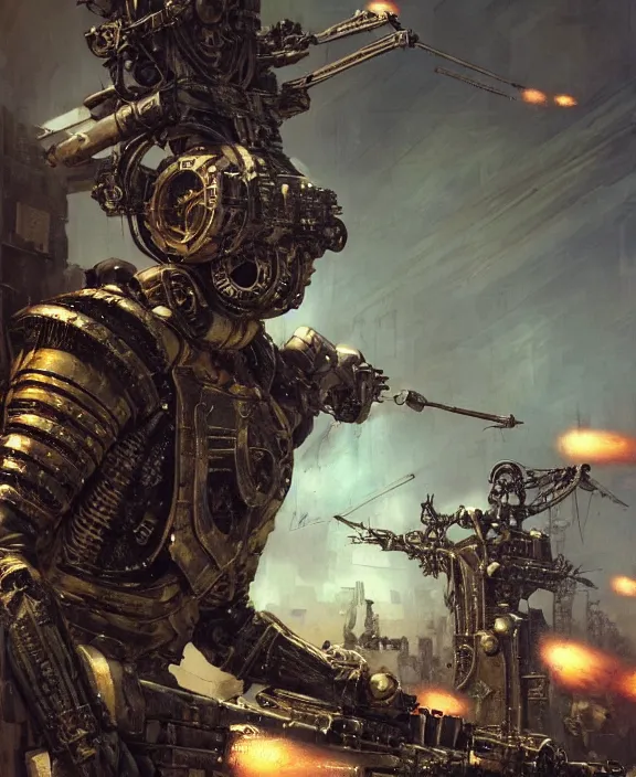 Image similar to a soldier in steampunk armour charging the enemy amongst powerful explosions, by HR Giger and Beksiński and Stephan Martiniere , 4k resolution, detailed, trending on artstation