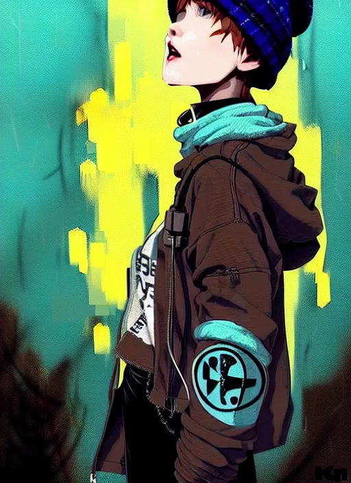 Image similar to highly detailed portrait of a sewer punk lady student, blue eyes, tartan hoody, hat, white hair by atey ghailan, by greg rutkowski, by greg tocchini, by james gilleard, by joe fenton, by kaethe butcher, gradient yellow, black, brown and cyan color scheme, grunge aesthetic!!! ( ( graffiti tag wall background ) )