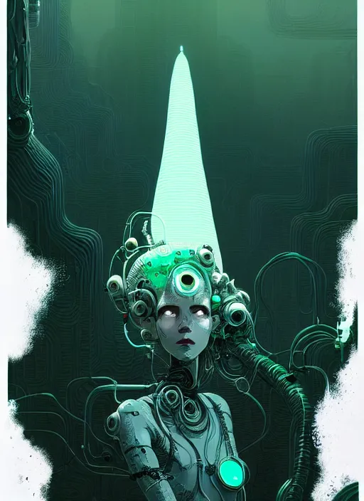 Image similar to highly detailed portrait of a biopunk long curly white hair tribal lady, stray wiring by atey ghailan, james gilleard, by joe fenton, by greg rutkowski, by greg tocchini, by kaethe butcher, 4 k resolution, gradient green, black and white color scheme!!! ( ( irradiated robotic spire landscape background ) )