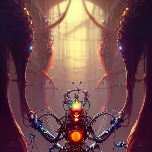 Image similar to biomechanical spider king, cyberpunk, bionics, augments, lights, cables, elegant gleaming intricate baroque jewellery, colorful, vivid, imposing, epic, digital painting, artstation, concept art, by peter mohrbacher and wlop and rhads,