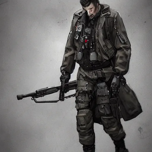 Image similar to a high definition photo realistic man wearing a trenchcoat, special forces, tactical gear, cosplay, mecha, science fiction, artstation, pinterest, dark fantasy, highly detailed, adobe photoshop