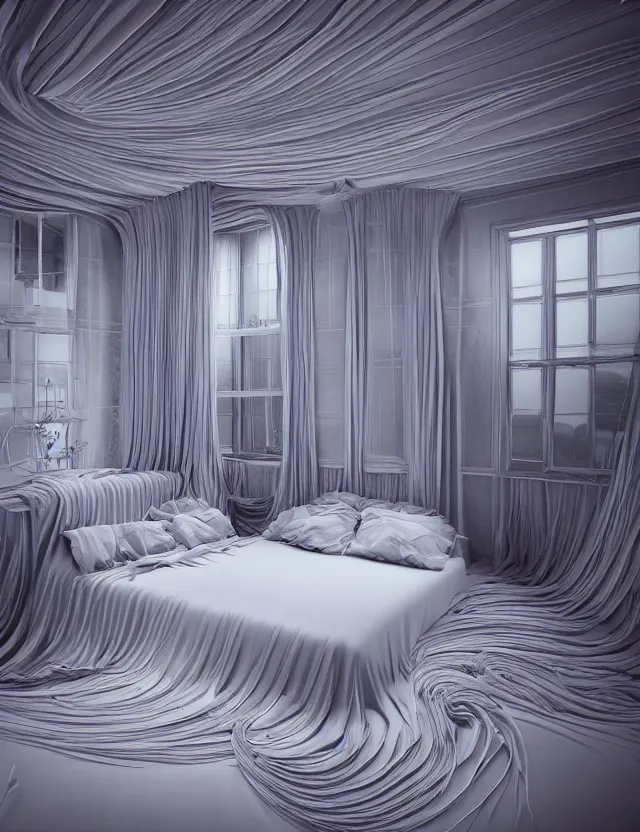 Image similar to dreamlike photo of floating bed above floor in a giant room with bright windows opening to other dimensions by andrzej sykut by lee madgewick, photorealistic, octane render, recursive, high contrast, pretty color, flowing, cascading, multiverse!!!!!!, labyrinthine, optical illusion, impossible angles